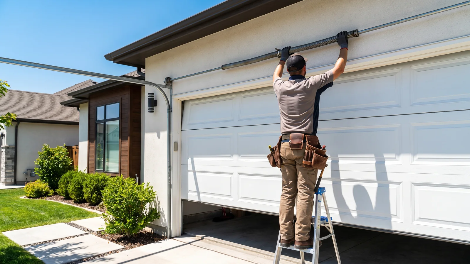 A garage door technician on the job in Irvine, CA